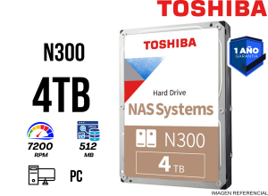 DISCO DURO TOSHIBA N300 NAS, 4TB, SATA 6.0GB/S, 7200RPM, 512MB CACHE, 3.5"