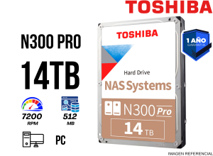 DISCO DURO TOSHIBA N300 PRO, 14TB NAS, SATA 6.0GB/S, 7200RPM, 512MB CACHE, 3.5"