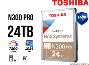 DISCO DURO TOSHIBA N300 PRO, 24TB, SATA 6.0 GB/S, 7200RPM, 1024MB CACHE, 3.5"