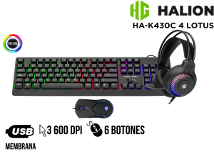 KIT GAMER HALION HA-K430C 4 LOTUS ENT 1 TECLADO + MOUSE + AURICULAR + PAD