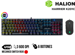 KIT 2 EN 1 HALION TECLADO Y MOUSE, HARRIER K201C BK, 7200DPI RAIMBOW