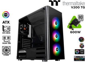 CASE GAMER, THERMALTAKE, V200 TG RGB EDITION + 600W 80+ WHITE ATX ACRILICO CON FUENTE BLACK
