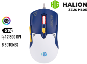 MOUSE GAMER, HALION, ZEUS M605 12000DPI 7B RGB BLANCO/AZUL