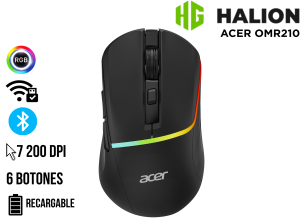 MOUSE GAMER, ACER, TRIMODE OMR210BK NEGRO RGB 6B 7200DPI RECARGABLE