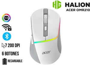 MOUSE GAMER, ACER, BLANCO TRIMODE OMR210BK NEGRO RGB 6B 7200DPI RECARGABLE