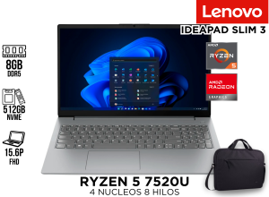 LAPTOP,LENOVO ESP ,IDEAPAD SLIM 3 ,RYZEN 5 7520U ,8GB DDR5 ,512GB NVME ,15.6P FHD ,VEGA GRAPHICS