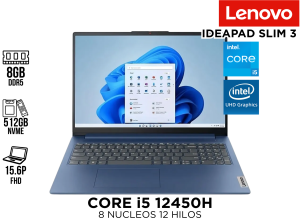 LAPTOP LENOVO IDEAPAD SLIM 3 CORE I5 12450H 8GB DDR5 512GB NVME 15.6 FHD ESPAÑOL