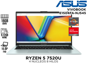 LAPTOP ,ASUS ESP,VIVOBOOK E1504FA-NJ545 ,RYZEN 5 7520U ,16GB DDR5 ,512GB NVME ,15.6 P ESPAÃ‘OL ,V