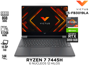 LAPTOP GAMER, HP, VICTUS 15-FB3019LA RYZEN 7 7445HS 8GB DDR5 512GB NVME RTX 3050 6GB 15.6P 144HZ