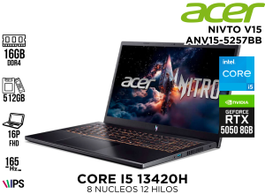 LAPTOP, ACER, NIVTO V15 ANV15-5257BB COREI5 13420H 16GB DDR4 512GB RTX 5050 8GB 16P IPS 165HZ W11