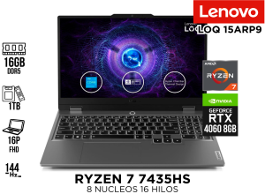 LAPTOP, LENOVO, LOQ 15ARP9 R7 7435HS, 16GB DDR5, SSD 1TB RTX 4060 8GB 16P FHD 144HZ