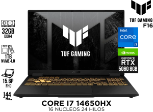 LAPTOP GAMER, ASUS ENG, TUF GAMING F16 CORE I7 14650HX 32GB DDR5 1TB NVME 4.0 RTX 5060 8GB