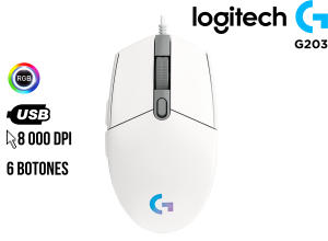 MOUSE LOGITECH G203 LIGHTSYNC OPTICAL 8000 DPI RGB WHITE (910-005794)