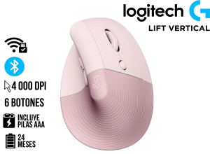 MOUSE LOGITECH LIFT VERTICAL ERGONOMIC WIRELESS/BT ROSE (910-006472)