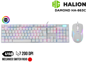 KIT GAMER, HALION, TECLADO MECANICO + MOUSE GAMER DAMOND HA-863C WHITE SWITCH RED RGB