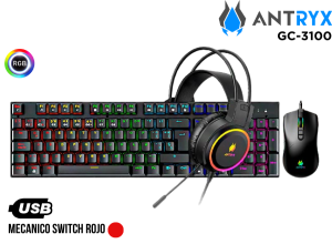 KIT GAMER, ANTRYX, GC-3100 X3 AUDIFONO+TEC+ MOUSE MECANICO SWITCH RED